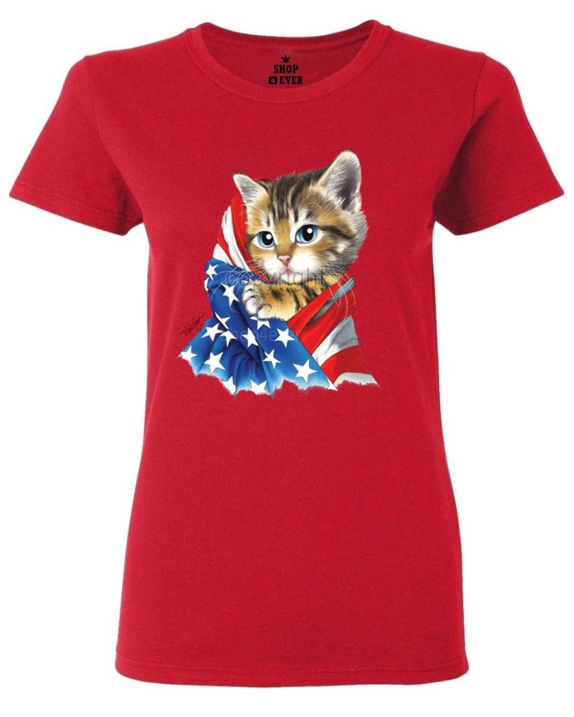 Kitty USA Flag Women's TShirt American Flag Cute Cat Patriotic Stars